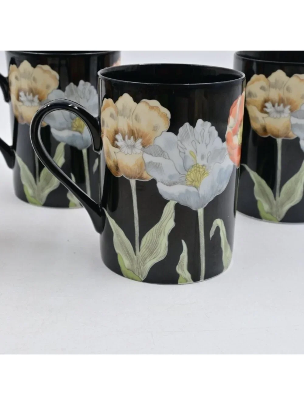Fitz & Floyd Midnight Poppy Black Ceramic Floral Coffee Mugs Set Of 4